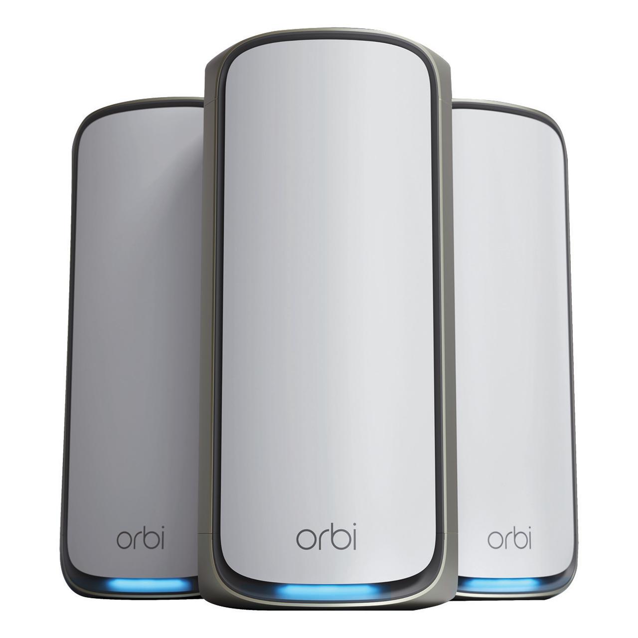 Netgear RBE973S-100NAS Orbi 970 Series RBE973S Quad-Band WiFi 7 Mesh System, 3-Pack (Router + 2 Satellites), 27Gbps, Covers Up to 10000 Sq. Ft., White