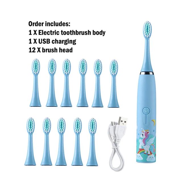 Cepillo de dientes eléctrico para niños, dibujos animados, con cabezal de repuesto, ultrasónico, IPX7, resistente al agua, recargable, sónico