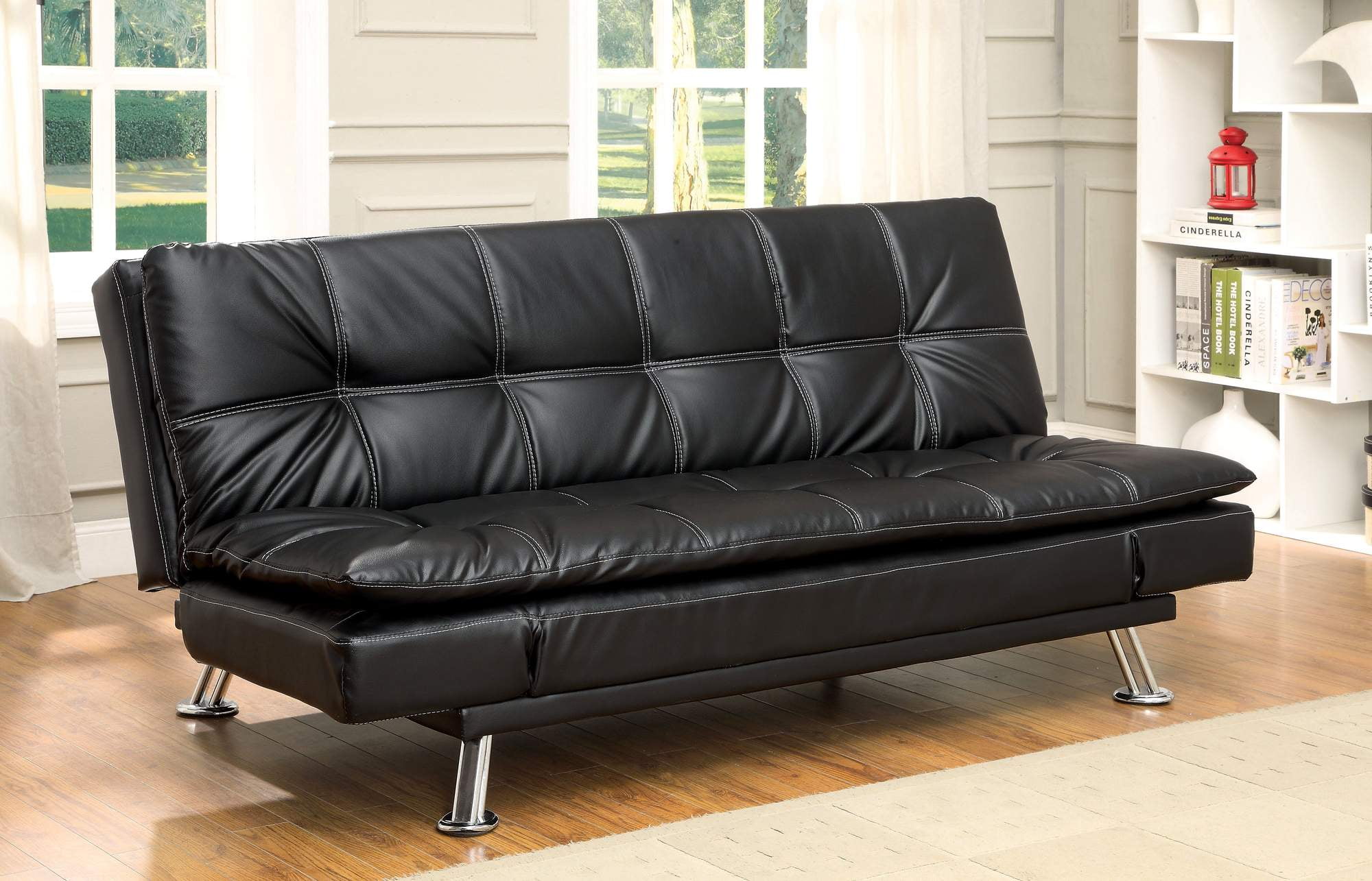 Furniture of America Contemporary Faux Leather Rufus Futon Sofa, Black