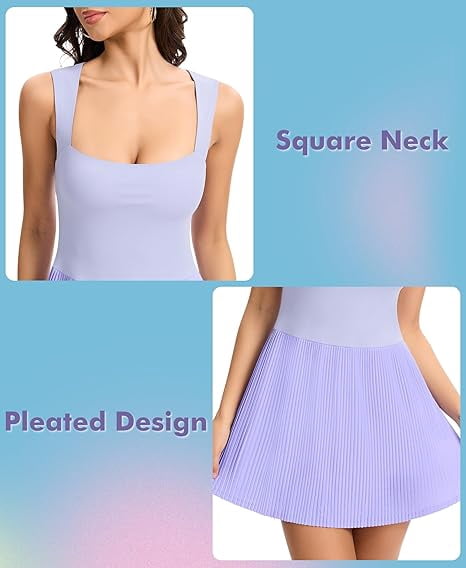 JoyGirl Womens Square Neck Tennis Dress Pleated Sleeveless Golf Dress with Built in Shorts Athletic Dresses with Pockets