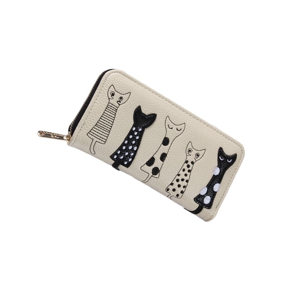 Jumpingount Cartera larga para mujer, tarjetero con foto de gato, estilo bonito, bordado, informal, multitarjeta, bolso suave, monedero de cuero Carteras Beige
