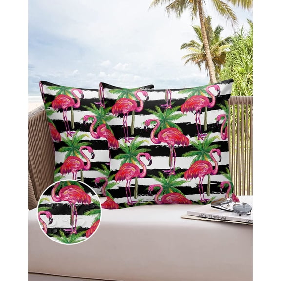 Outdoor Throw Pillow Cover Watercolor Flamingo Palm Leaf Waterproof Cushion Covers 2 Pack Black White Stripes Pillow Cases Home Decoration for Patio Garden Couch Sofa