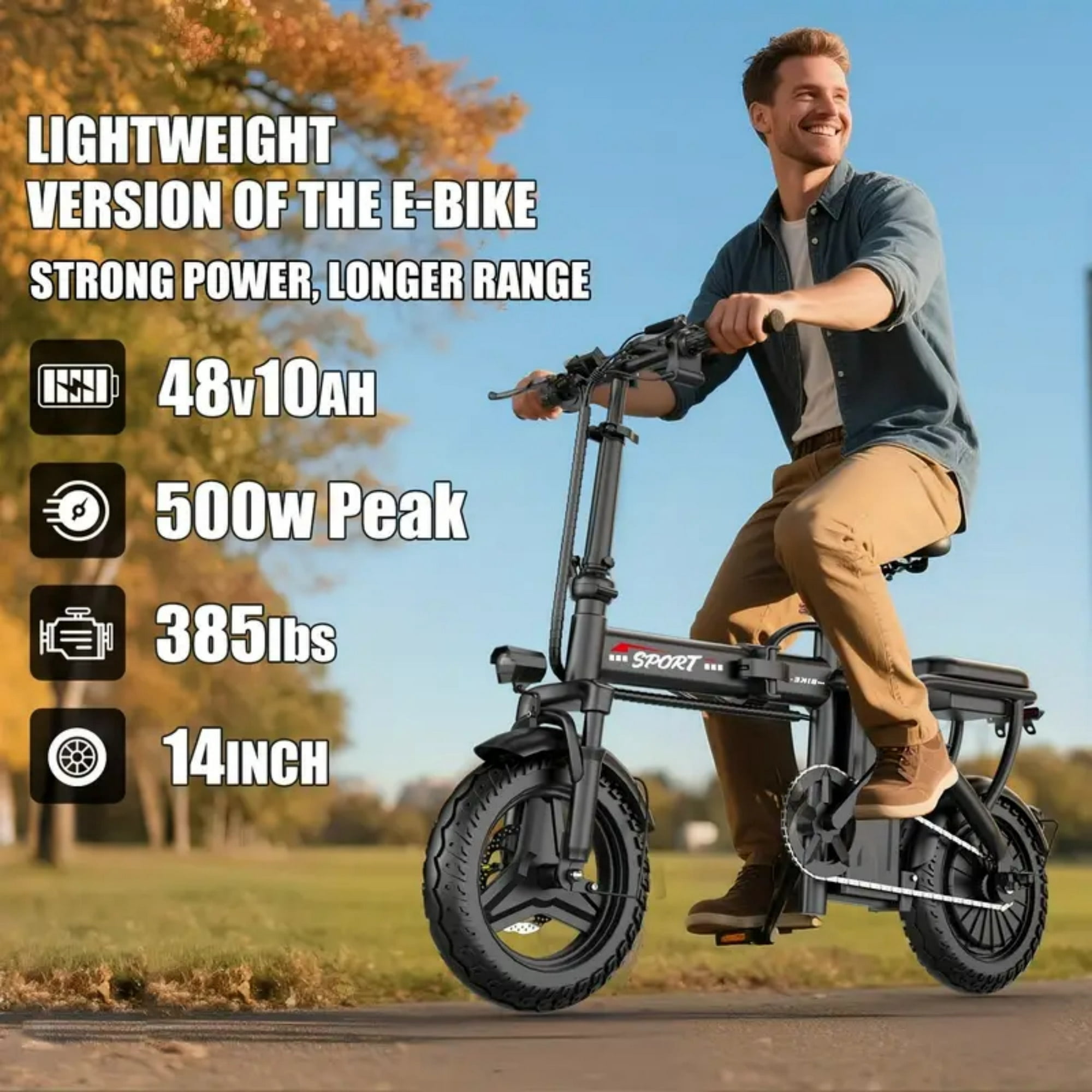 14" Electric Bike with Dual Front Suspension，500W Folding Ebike, Up to 25Miles 20MPH, 48V Removable Lithium-Battery, Stylish 14" Foldable Commuting Electric Bicycle for Women & Men