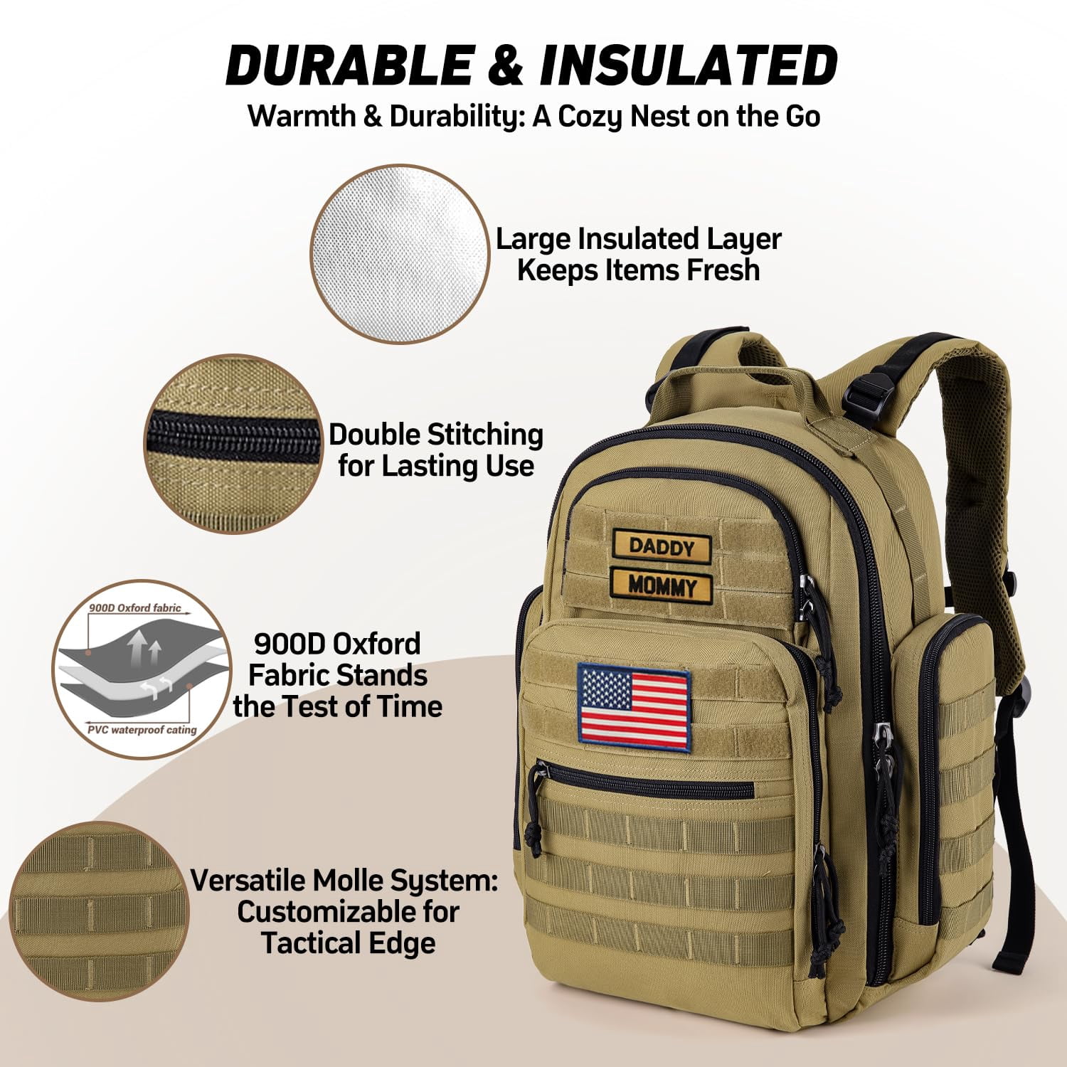 SharkMouth Baby Diaper Bag for Men - Large Military Daddy Gear Backpack with Changing Pad for Travel Camping Hiking - Army Style for Active Dad Tan