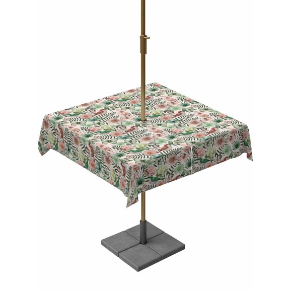 Vintage Flowers Outdoor Tablecloth - 60x60 Inch Square Dining Table Cover, Spring Pink Green Floral Country Leaves Birds Waterproof Outdoor Table Cloth with Umbrella Hole & Zipper for Picnic/Patio