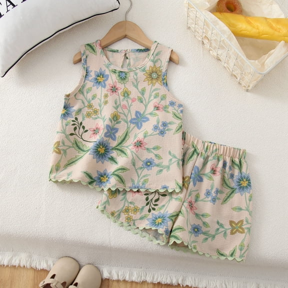 Amidoa Girls Summer Outfit Sets 2 Piece T-Shirt Graphic Ruffle Sleeve Tank Top and Shorts Set Kids Clothing Sets Beige Size 6