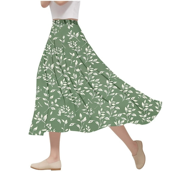 Women's Floral Midi Skirt, High Elastic Waist Flowy Ruffle Casual Summer Boho Aline Maxi Skirts Athletic Skirts Women Green XXL