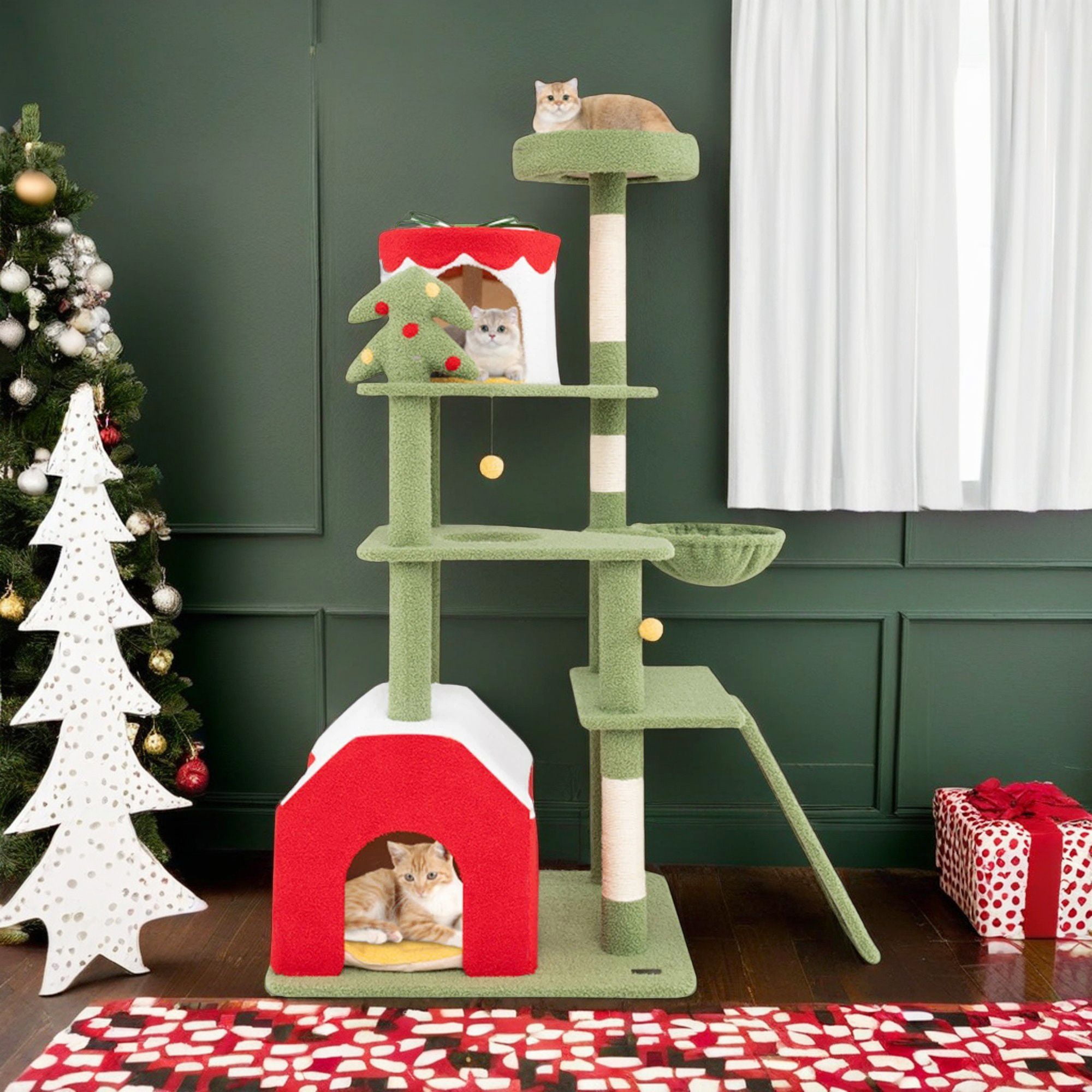 Kadyn 61" Christmas Decor Cat Tree Tower for Indoor Cats, Multi-Level Cat Climbing Tower with Cat Condos, Top Perches, Hammock, Green