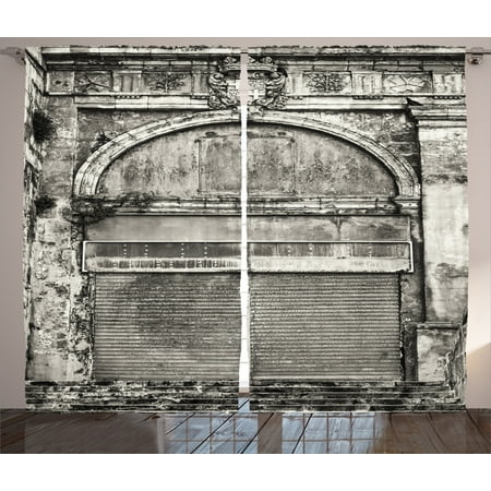Rustic Decor Curtains 2 Panels Set, Monochrome Old Closed Store Front With Jalousie And Classic Medieval Touch Historical Photo, Living Room Bedroom Accessories, By (Best Way To Store Old Photos)