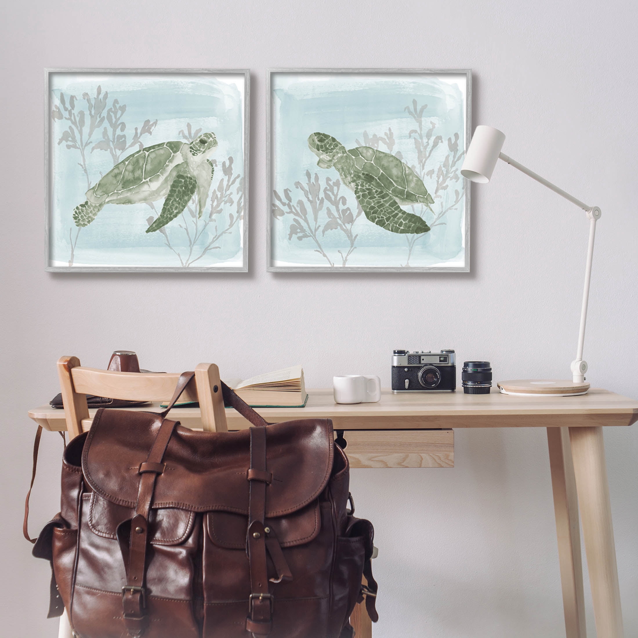 Underwater Sea Turtle Coral Landscape Animals & Insects Graphic Art Gray Framed Art Print Wall Art, Set of 2