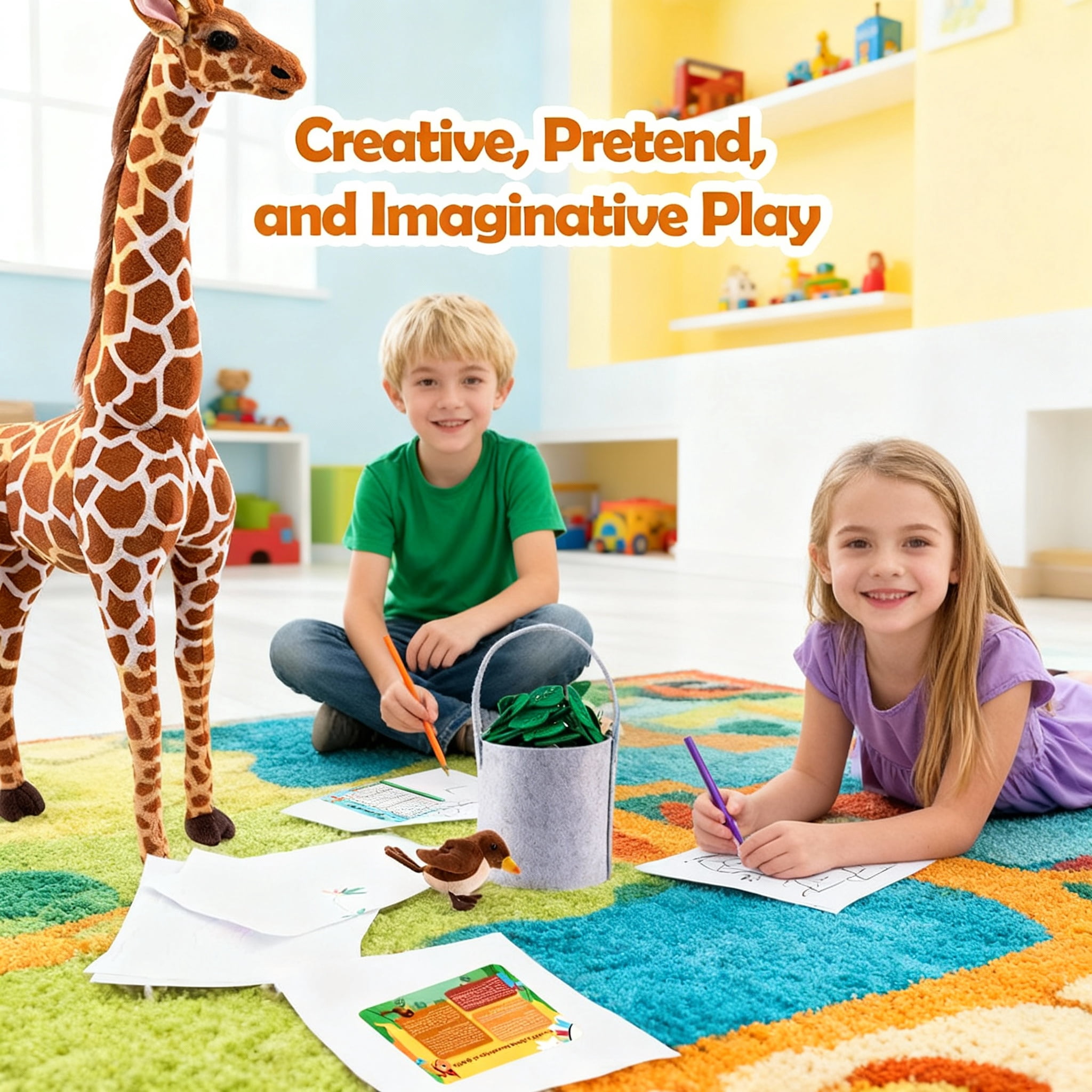 BRINJOY Giant Giraffe Stuffed Animal Set, 47 Inch Large vivid Plush Giraffe Toy with Bird&Basket&Leaves&Card, Standing Giraffe for kids