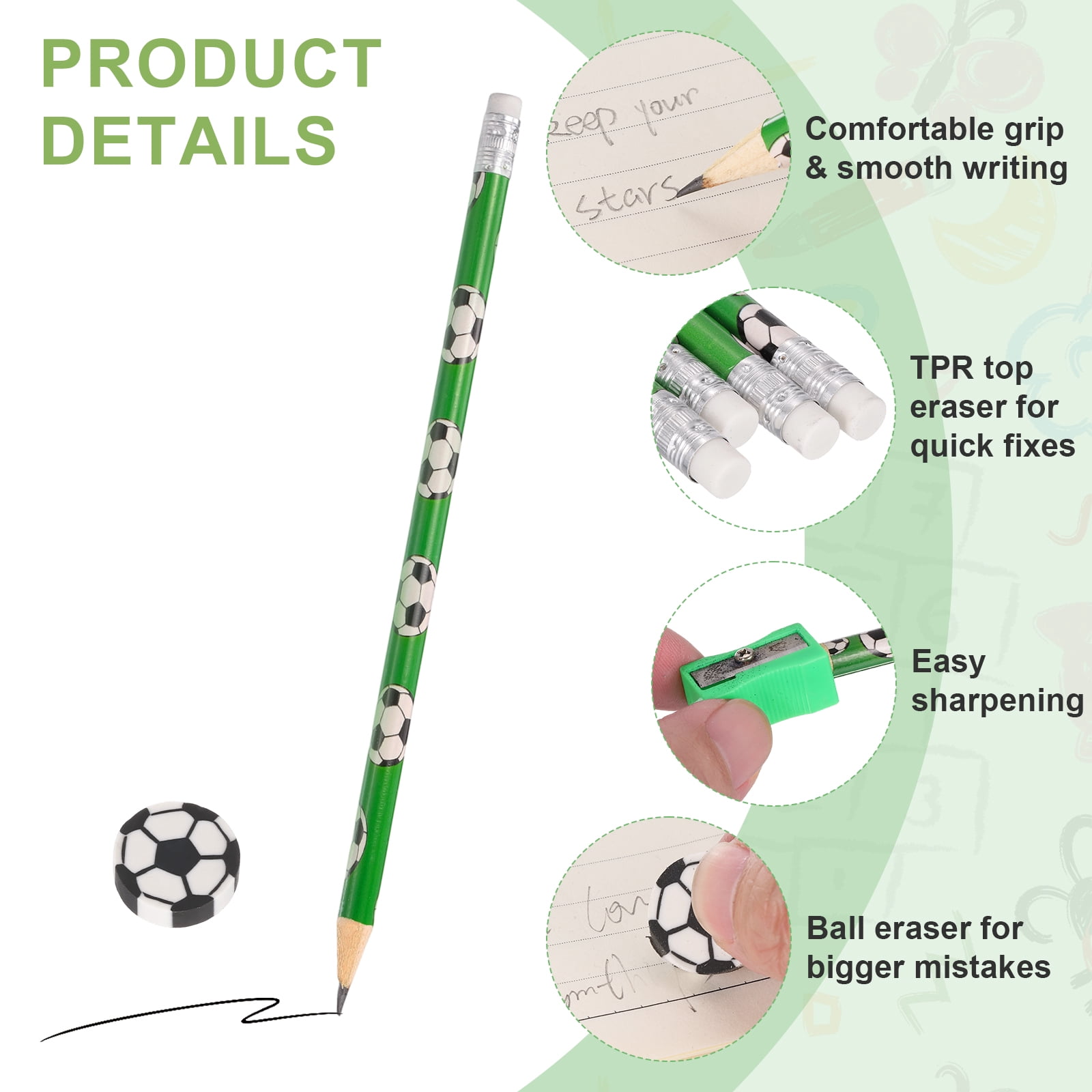 Uxcell Sports Pencils with Eraser, 36 Pcs Fun Cute Wooden Pencils 36 Pcs Sport Ball Erasers Football/Basketball/Rugby Theme for Party Favors Classroom Reward