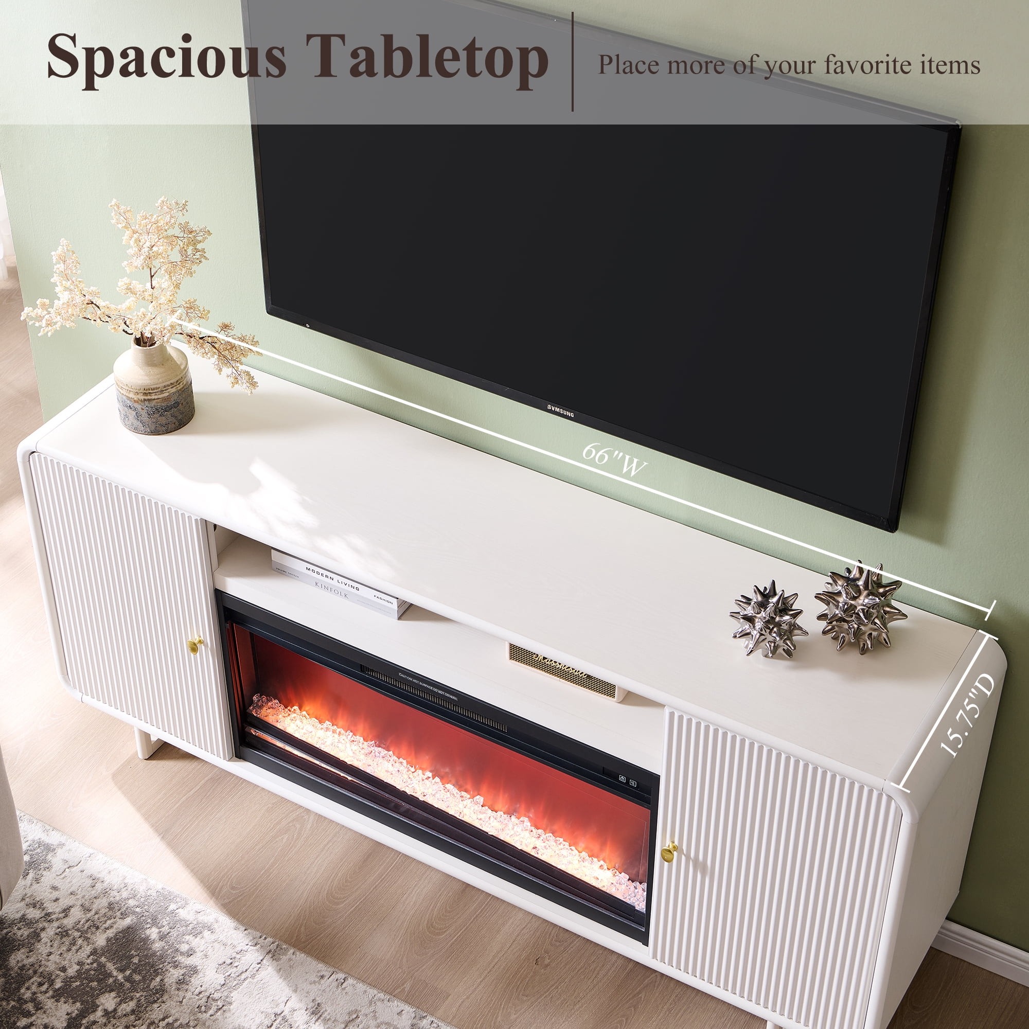 SinCiDo 70" Electric Fireplace TV Stand, Modern TV Stand up to 80" with Fireplace, Wood Media Console w/Curved Profile Design for Living Room