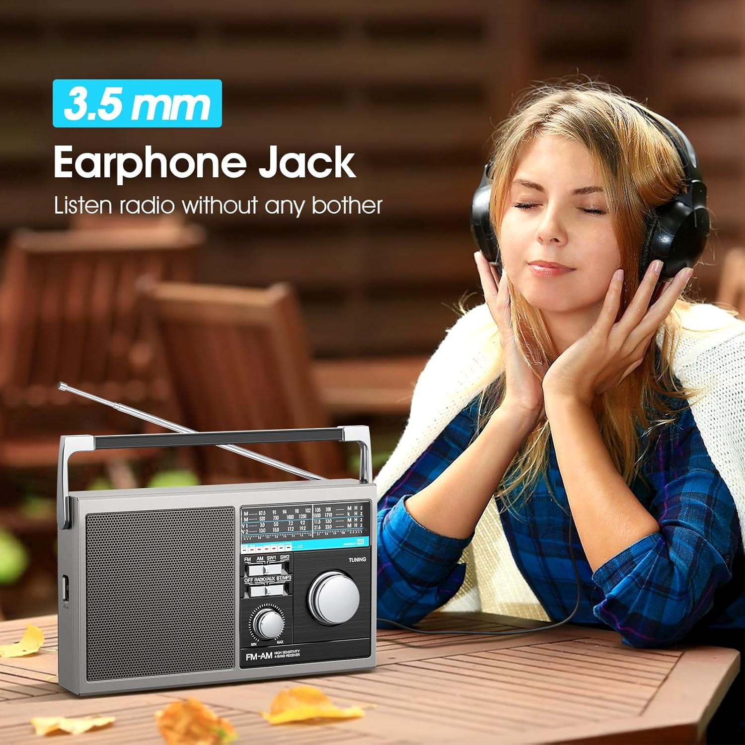 Portable AM FM Radio, Shortwave Transistor Radio with Best Reception, Battery Operated or AC Power Retro with Big Bluetooth Speaker, Earphone Jack USB TF Card AUX Input, for Senior(Gray)