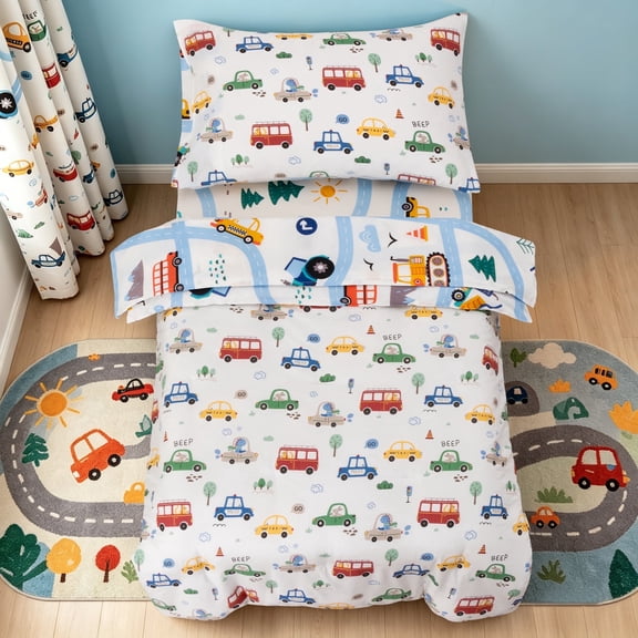 Btargot 4 Piece Reversible Cars Buses Toddler Comforter Set Colorful Animals Kids Bedding Sets for Boys
