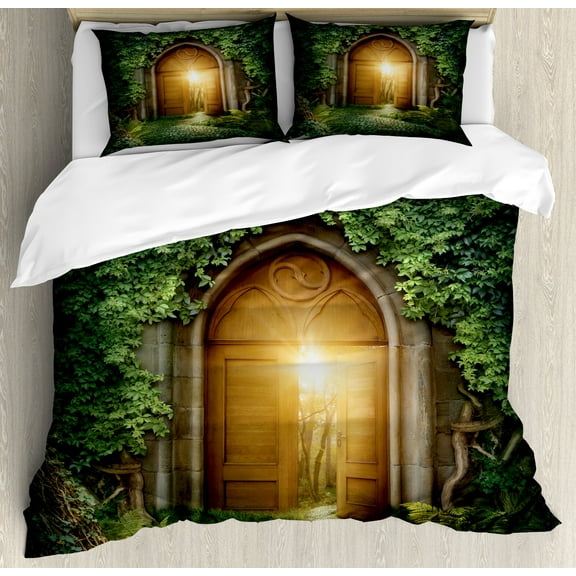 Fantasy Duvet Cover Set, Sunbeams Through the Mysterious Half Opened Wooden Entrance with Greenery, Decorative 3 Piece Bedding Set with 2 Pillow Shams, King Size, Green and Brown, by Ambesonne
