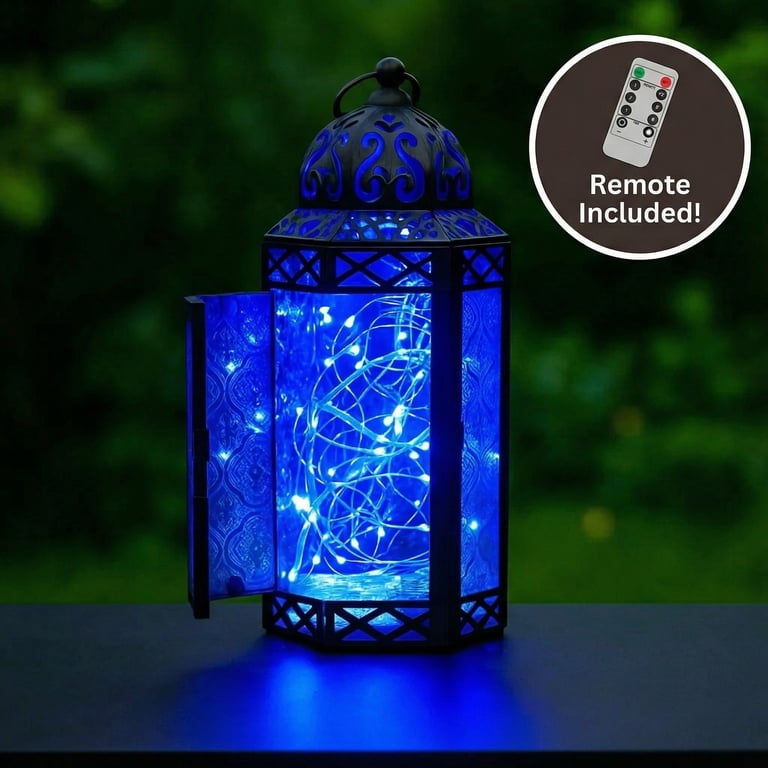 Moroccan Metal Candle Lantern Holder with LED Fairy String Lights
