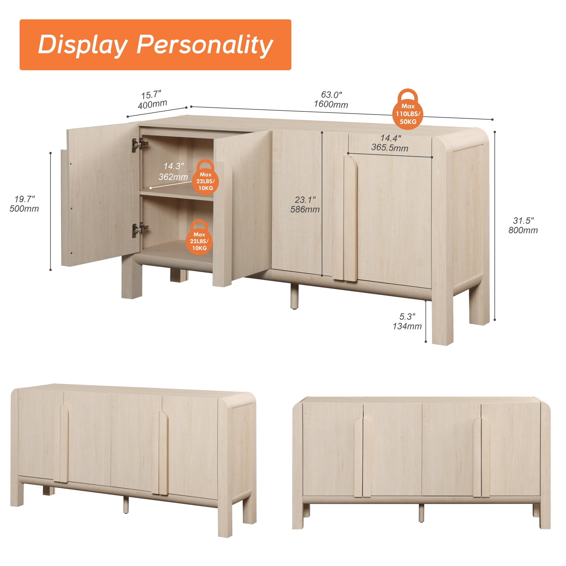 Modern 63" Wooden Sideboard Buffet Cabinet with Storage, Mid-century Credenza with Doors and Adjustable Shelves for Kitchen Living Room, Dining Room
