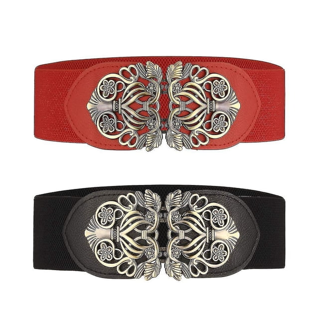 Womens Wide Elastic Waist Belt 2pcs Retro Ladies Stretch Waist Dress Belt,black Red