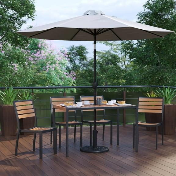 BizChair 7 Piece All-Weather Deck or Patio Set with 4 Stacking Faux Teak Chairs, 30" x 48" Faux Teak Table, Gray Umbrella & Base