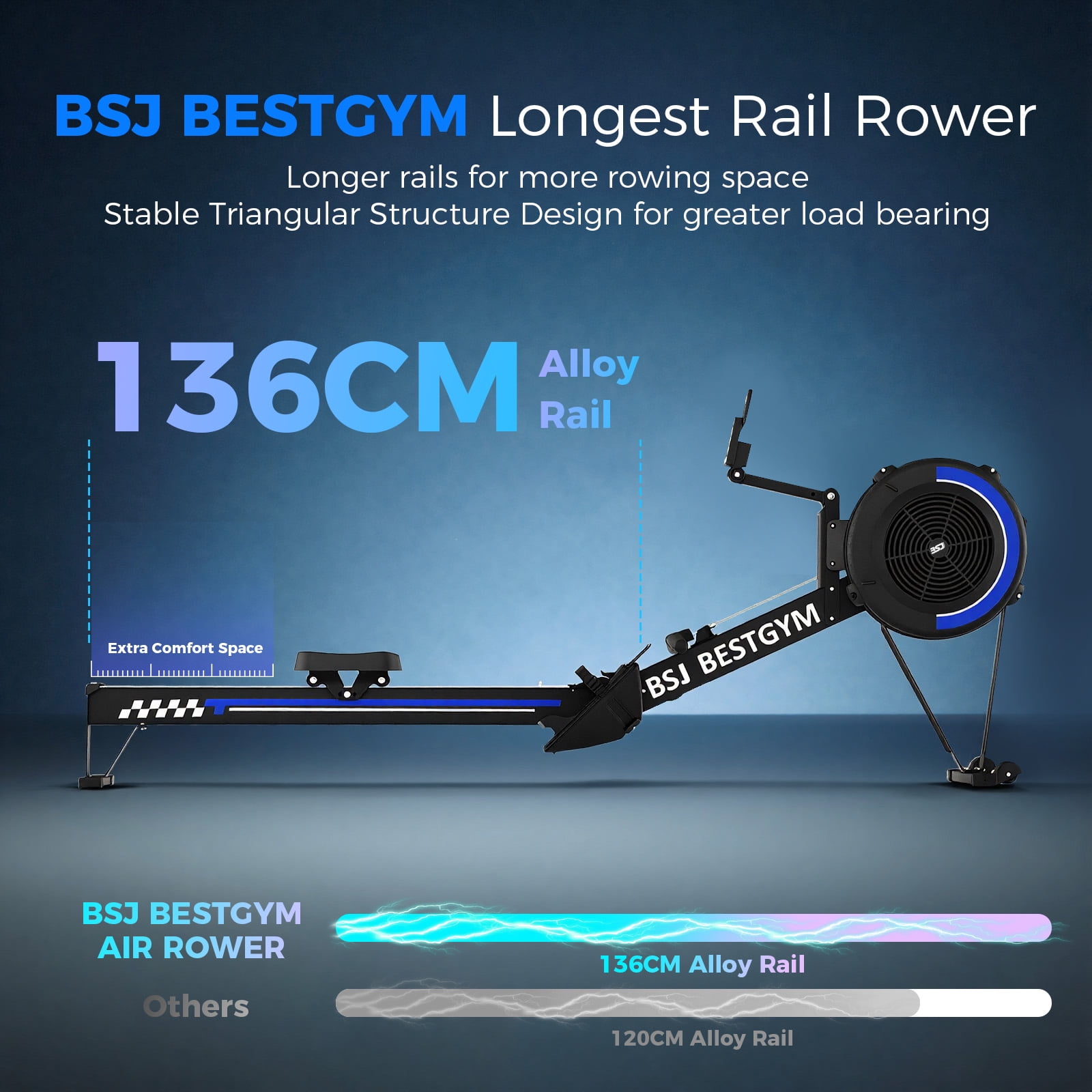 Rowing Machines for Home,  Adjustable Air Resistance Rower Machine with Extra Long Rail, Ergonomic Comfort Seat, Device Holder, Easy Storage