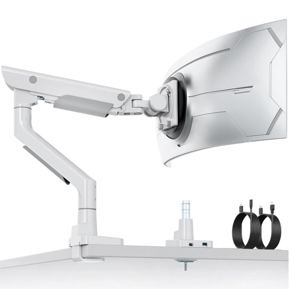 monTEK Premium Aluminum Monitor Arm for 17&acirc;57&acirc; Ultrawide Screens up to 59 lbs, USB 3.0 Single Desk Mount with Adjustable Gas Spr