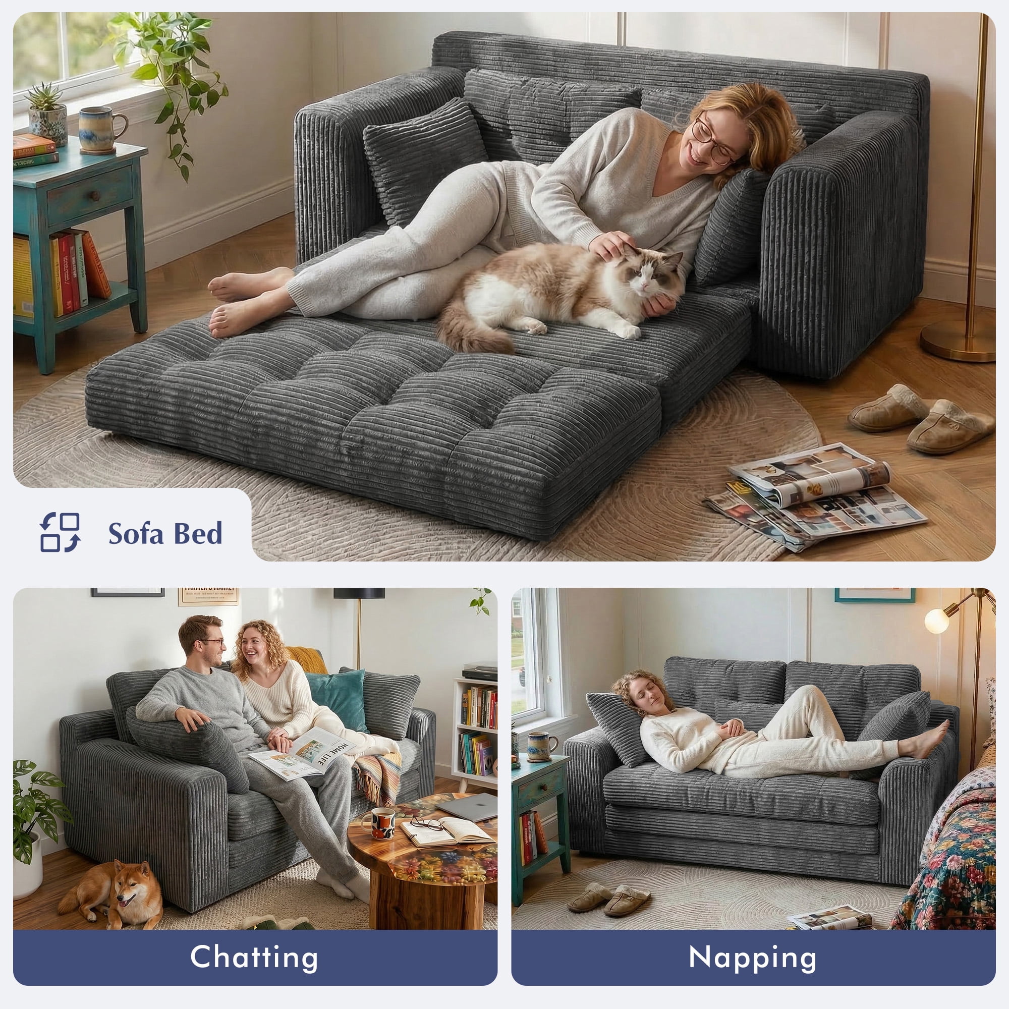 EnHomee 58.6" Foldable Sofa for Adult Loveseat Sofa Couch with Deep Seat Adjustable Floor Sofa Couch with 4 Pillows,Grey