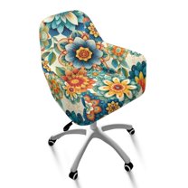 ZIATUBLES Boho Mandala Flower Print Curved Back Dining Room Chair Covers with Arms Stretchable Vanity Desk Chair Slipcover Removable Universal Chair Protector Cover for Dining Living Room