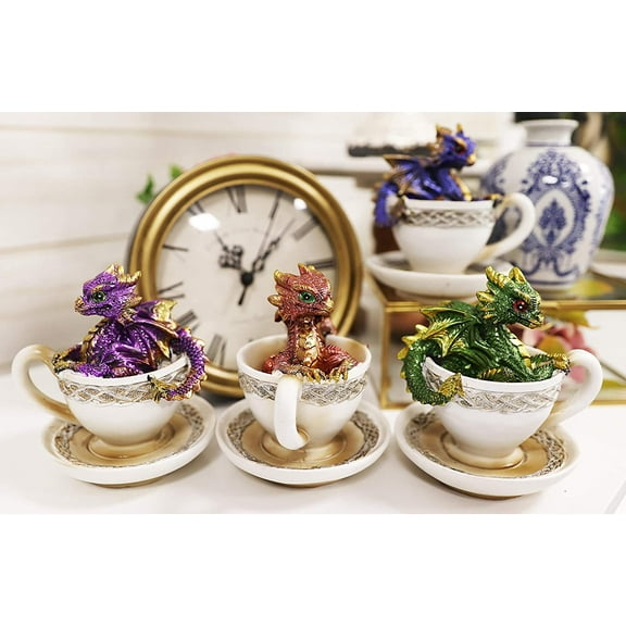 Ebros Metallic Baby Wyrmling Dragons in Tea Cups with Saucers Figurine Set 4.5"H