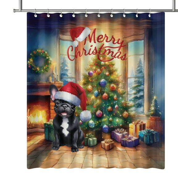 Merry Christmas French Bulldog Santa Hat Xmas Tree Winter Holiday Shower Curtain Dog Lover Gifts Waterproof Bathroom Bathtub Curtain - 01013