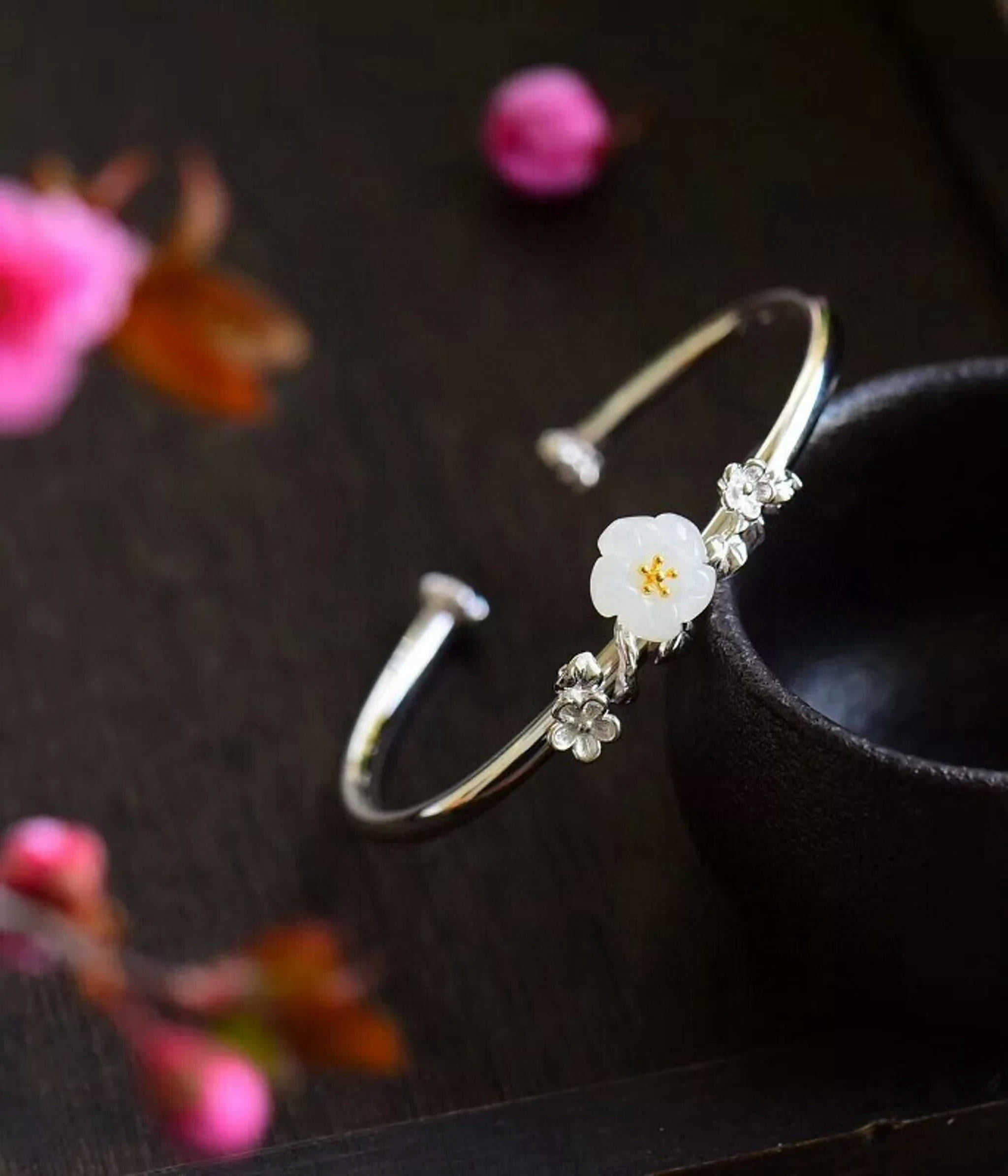 HOOUN 1PCS Pure S925 Sterling Silver Bangle Nephrite Jade Women Flower Cuff Bracelet