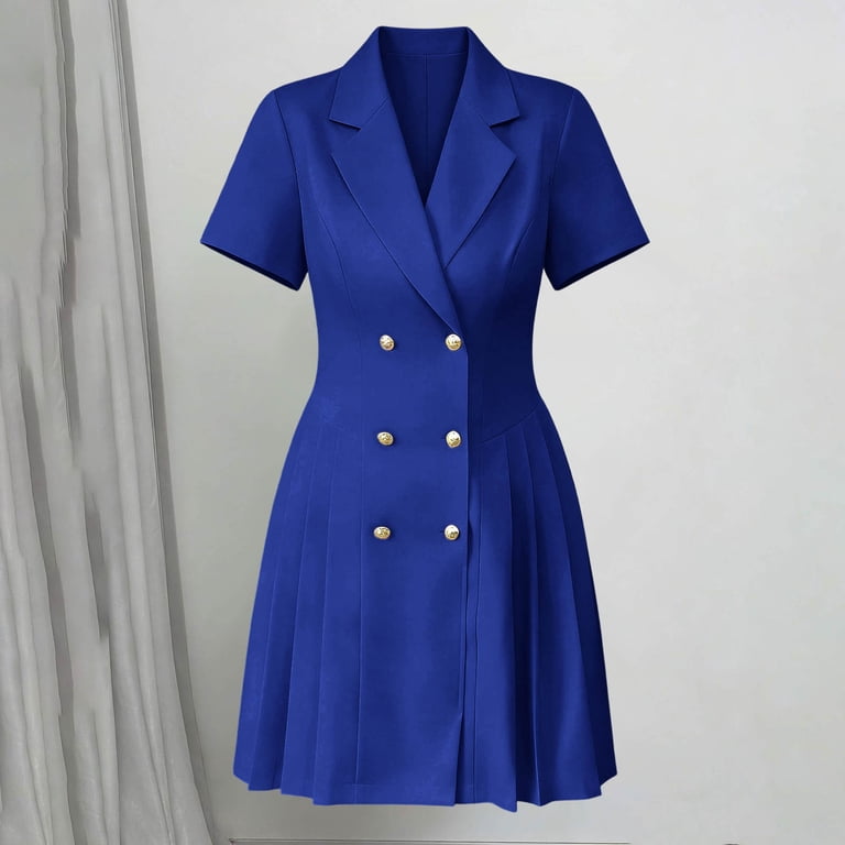 Karymi Wedding Guest Dresses for Women Blazer Style Mini Dress, Short Sleeve Double Breasted with Gold Buttons and Pleated Skirt Blazer Collar and V-Neckline for Work Daily Maxi Dress