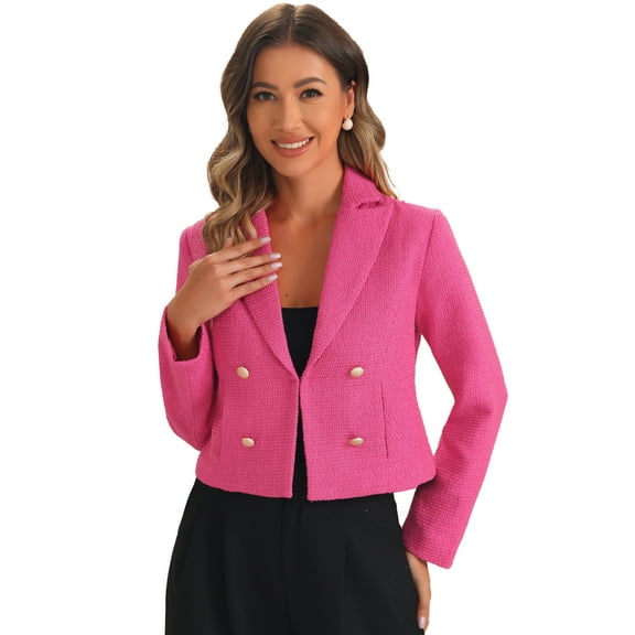DARING DIVA Tweed Cardigan Notch Lapel Buttons Long Sleeve Blazer L Hot Pink