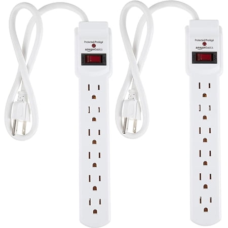 Basics Rectangular 6-Outlet, 200 Joule Surge Protector Power Strip, 2 Foot, White - Pack of 2