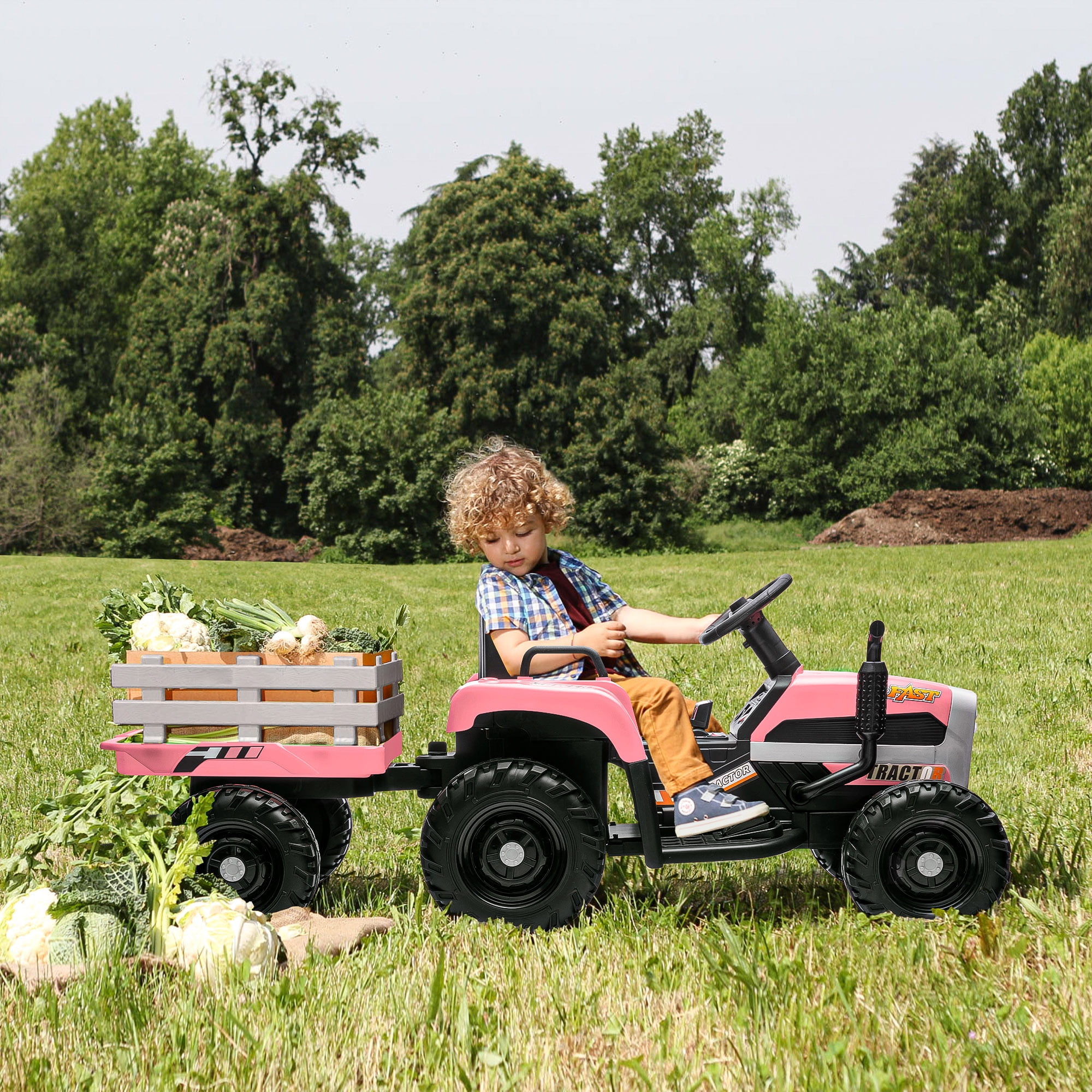 CIPACHO 12v Battery-Powered Kids Toy Tractor with Trailer and 3-Gear-Shift Ground Loader Ride On with USB&Bluetooth Audio Functions, Pink