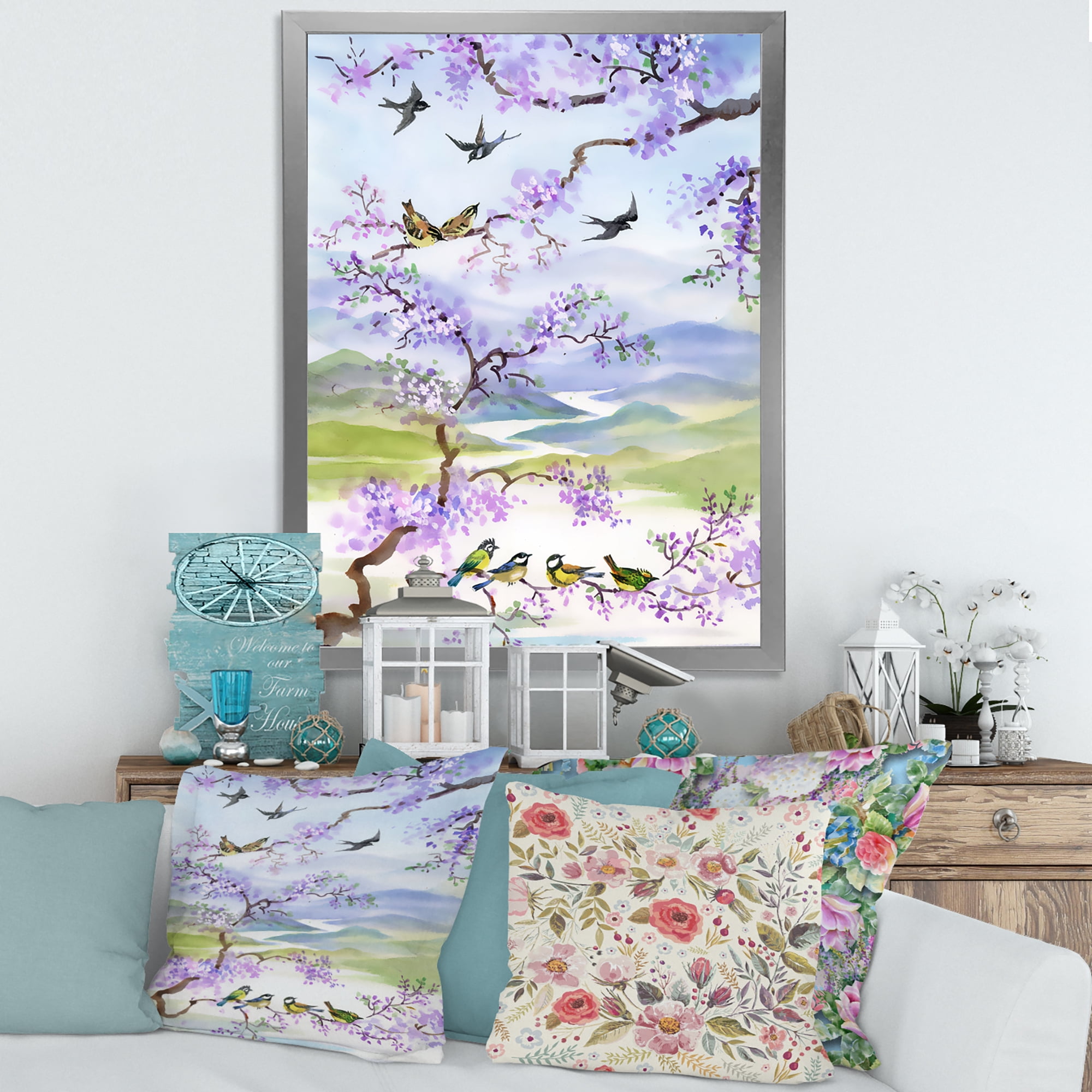 Designart 'Birds Sitting On Cherry Branch' Traditional Framed Art Print
