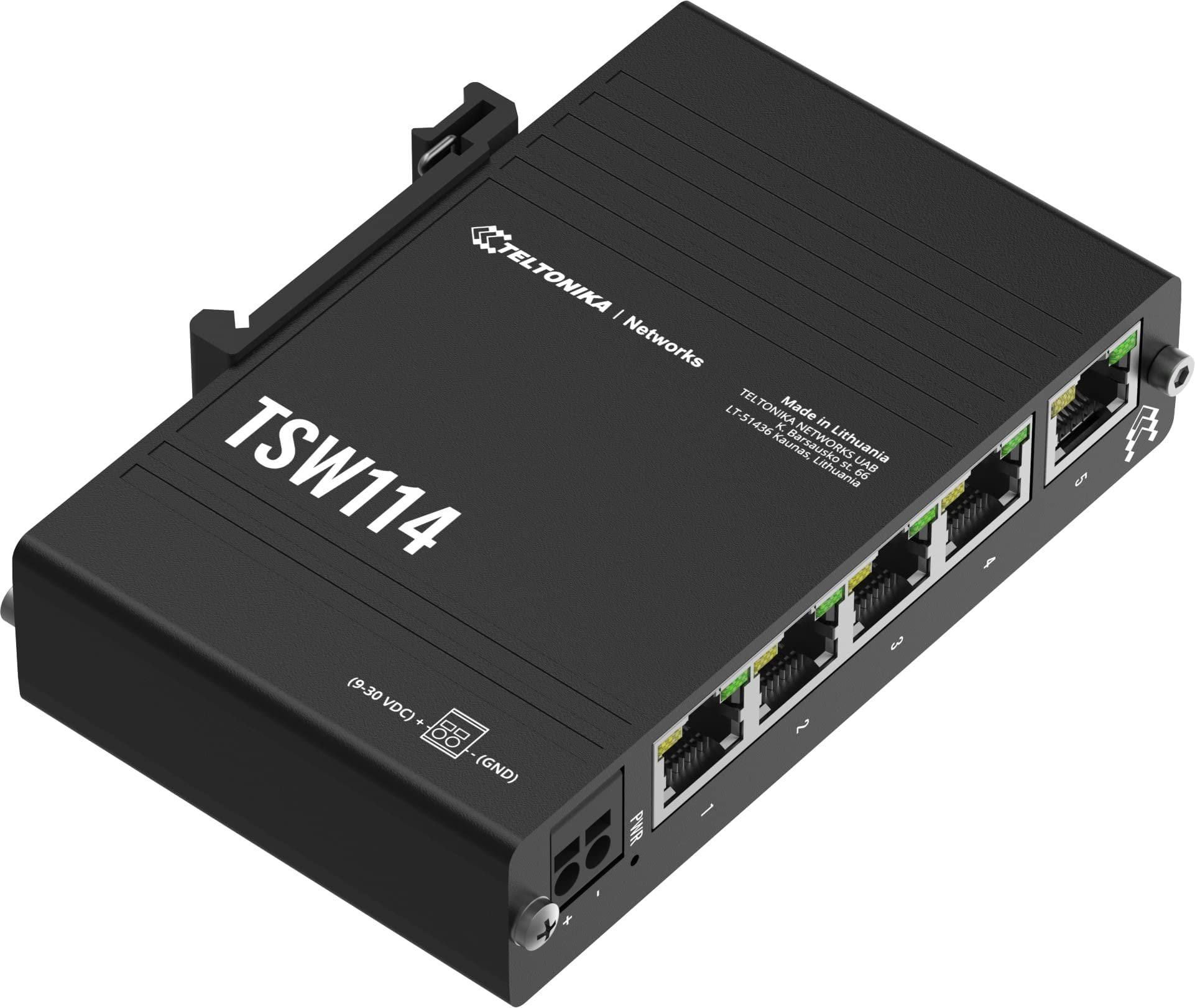 Teltonika TSW114000000 Model TSW114 DIN Rail Switch, Black; Integrated DIN Rail Bracket; 5X Ethernet Ports; Plug-N-Play; Aluminum Housing; Non-Blocking Bandwidth up to 10 Gbps; PSU Not Included