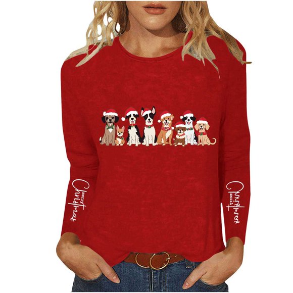 Ailaofu Christmas Tree Crew Neck Shirt for Women Funny Xmas Graphic Tee Winter Holiday Family Party Matching Tops