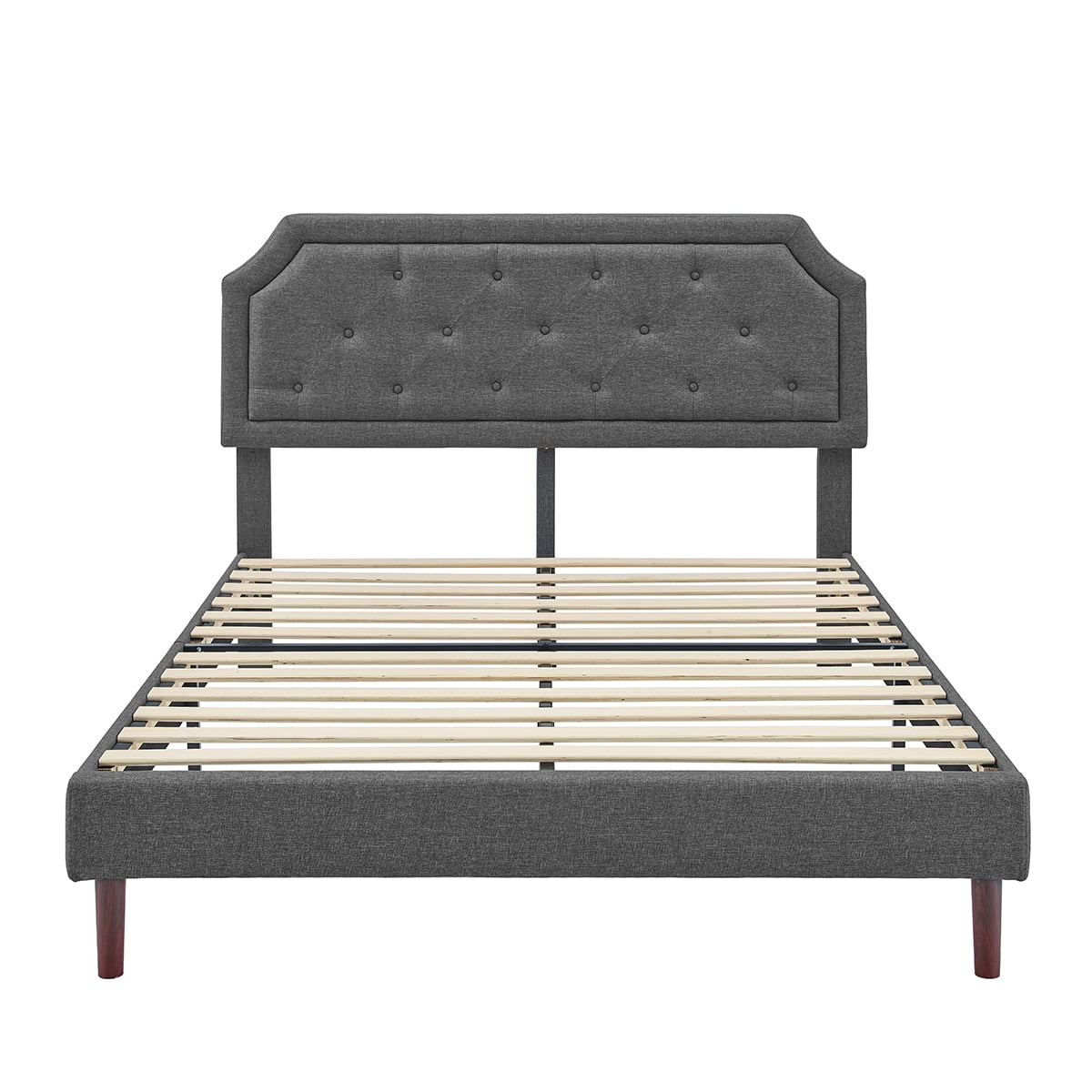 Gewnee Full Size Platform Bed Frame with Gray Upholstered Adjustable Headboard and Wood Slats.No Box Spring Required.