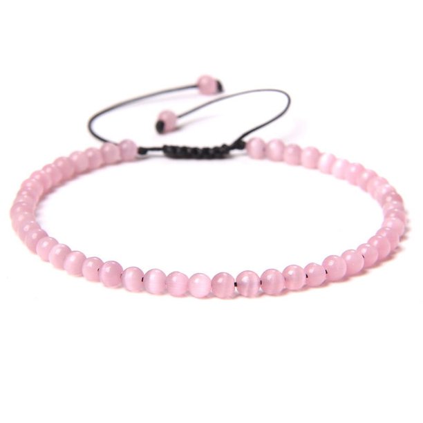 Nvzi Pulsera de cuentas hecha a mano, pulsera de cuentas finas de 4 mm, pulsera tejida ajustable hecha a mano con cuentas de piedra natural (rosa)