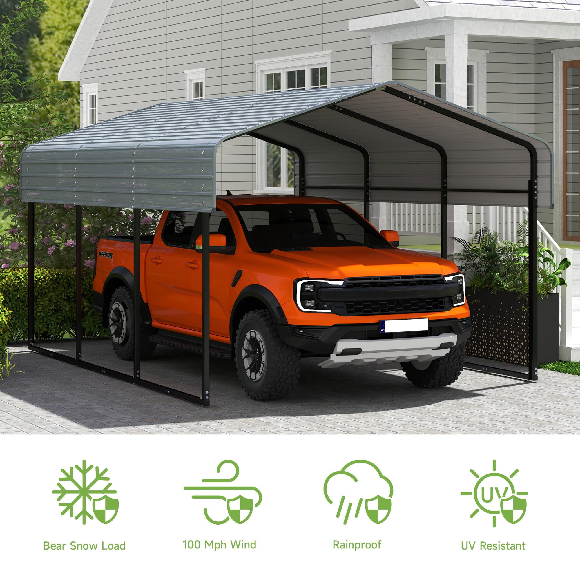Zolyndo Heavy Duty 10x15FT Metal Carport with Galvanized Steel Roof, Outdoor Car Shelter Garage Canopy for Cars, Trucks, Boats, Dark Gray