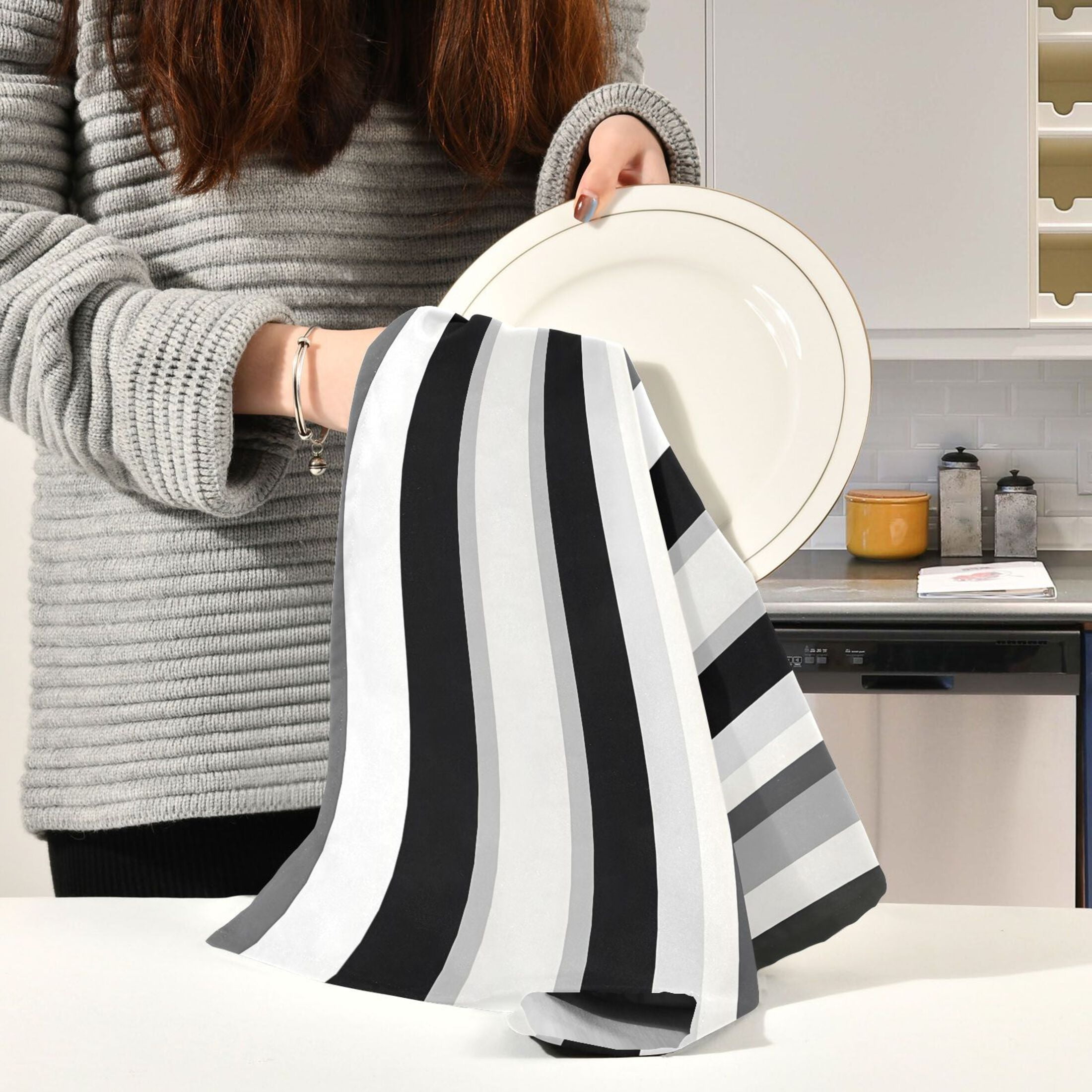 Black White and Gray Stripes Kitchen Towels 6-Piece Pack Tea Towels for Kitchen Decorative Waffle Design 28x18in