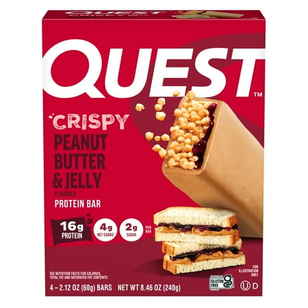 Quest Crispy 18g Protein Bar, Low Carb, Peanut Butter and Jelly, 2.12oz, 4 Count