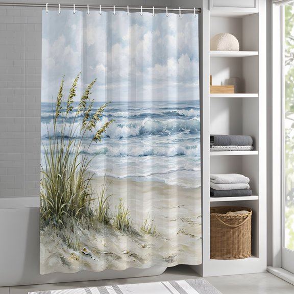 Coastal Beach Shower Curtain for Bathroom, Nautical Minimalist Ocean Waves Grass Leaf Sky Fabric Shower Curtain Set with Hooks, Waterproof Washable Bath Curtain for Bathroom Decor 66"x72"