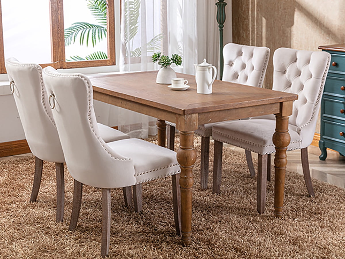 ODUSE-DAILY Beige Velvet Dining Chairs Set of 2, Kitchen & Dining Room Chairs, Tufted Dining Chairs, Fabric Upholstered, Solid Wood, Sillas De Comedor (Beige, 2 Pcs)