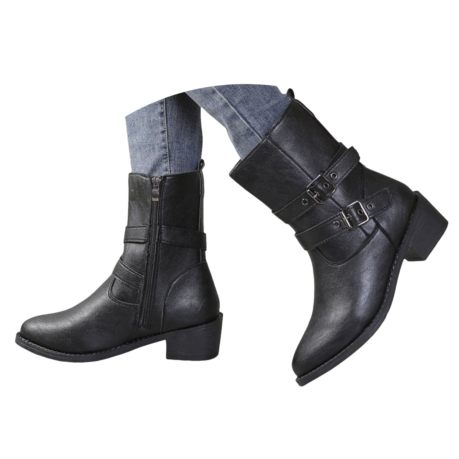 KELINFONG Women s Combat Boots Fashion Side Zipper Buckle Ankle Booties Wide Size Low Heel Boot