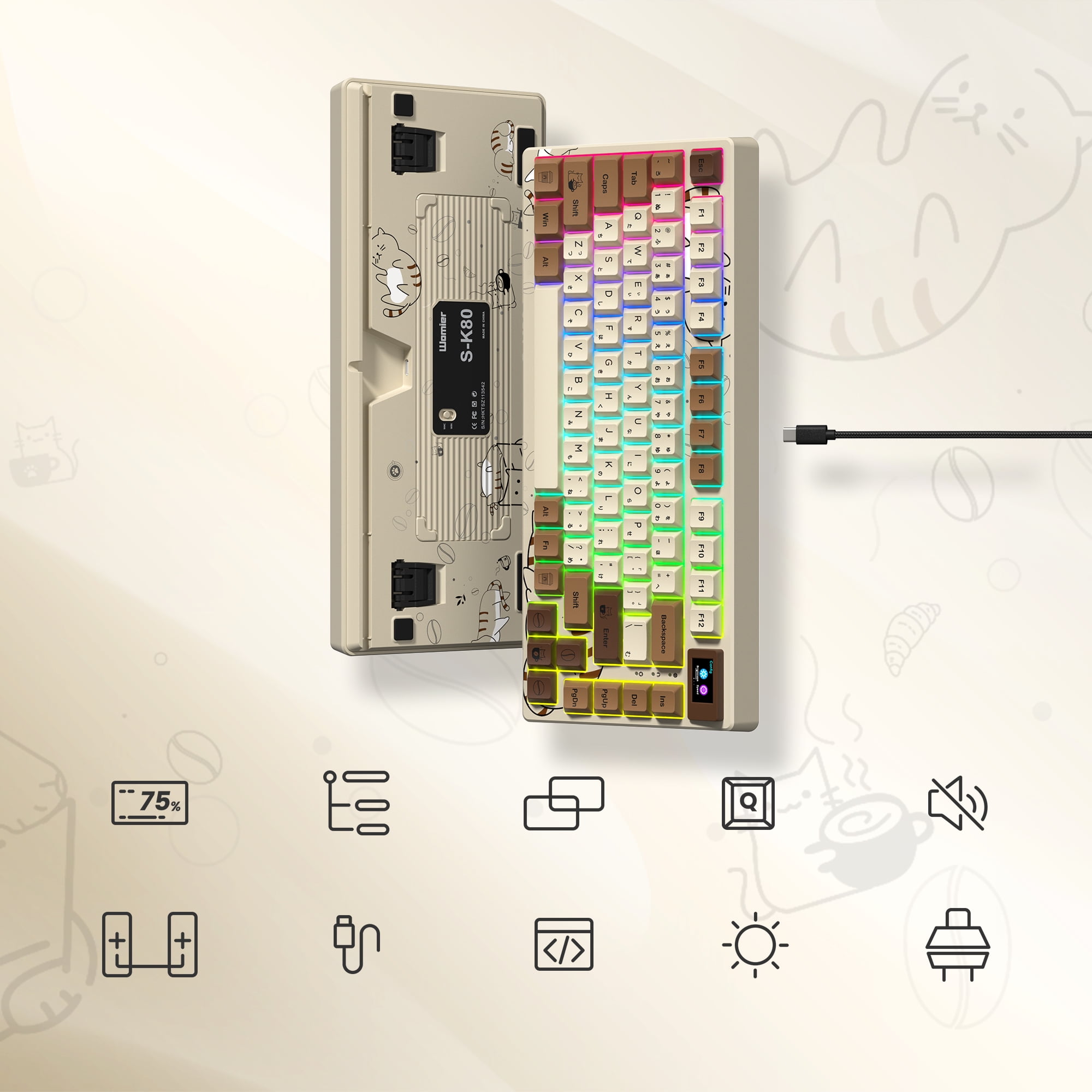 COSTOM Mechanical Keyboard,75% Gaming Keyboard RGB Custom Keyboard with Hot Swappable,Keyboard Driver and Multimedia Screen for Mac/Win, Coffee