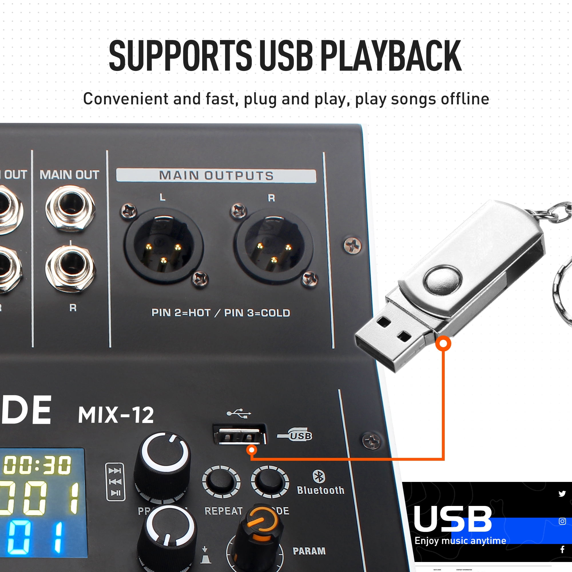 FULODE 12-Channel Bluetooth Studio Audio Mixer 99 Bit DSP Digital Processor w/ USB MP3 for PC Recording Input, RCA, XLR Microphone Jack, 48V Power, For Professional and Beginners DJ Mixer