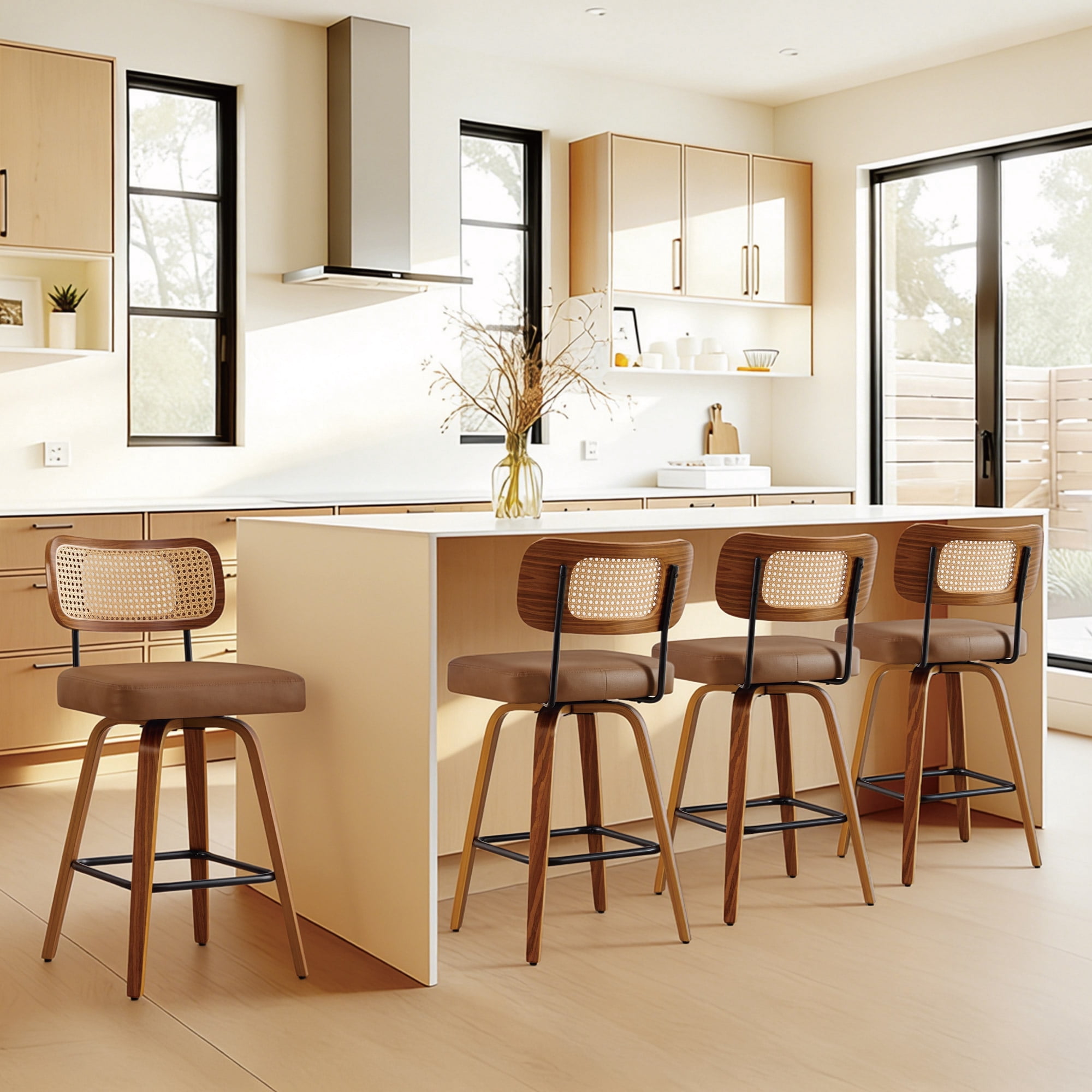 Spruce & Spring 26" Swivel Counter Bar Stool with Walnut Bentwood Frame Set of 2, PE Rattan Back, Brown