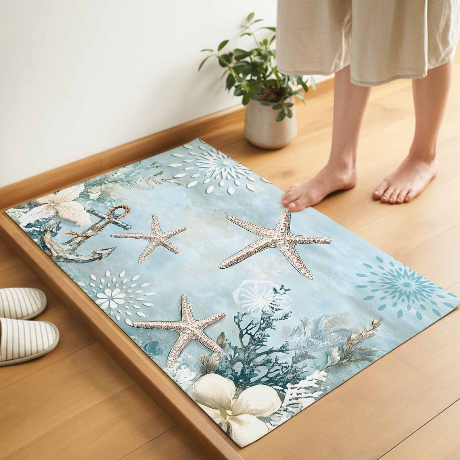 Teal Ocean Coastal Indoor Door Mat - 20"x31.5", Non-Slip Welcome Mat for Outdoor, Summer Beach Nautical Coral Starfish Front Doormat for Entry, Low-Profile Doormat Entrance Rug for Kitchen/Bathroom